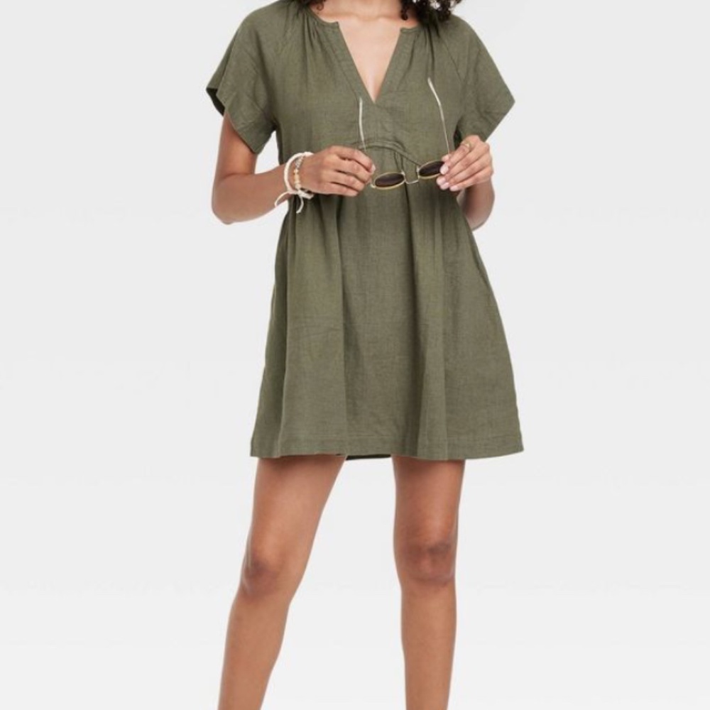 Universal Thread Women's Short Sleeve Linen Mini Shift Dress Olive Green Size S